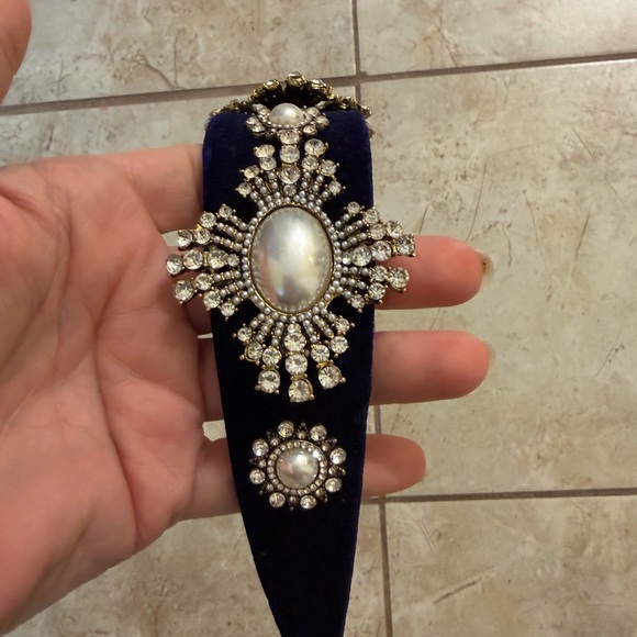 Blue Velvet Pearl Rhinestone Embellished Headband | Statement Hair Accessory - Picture 4 of 7